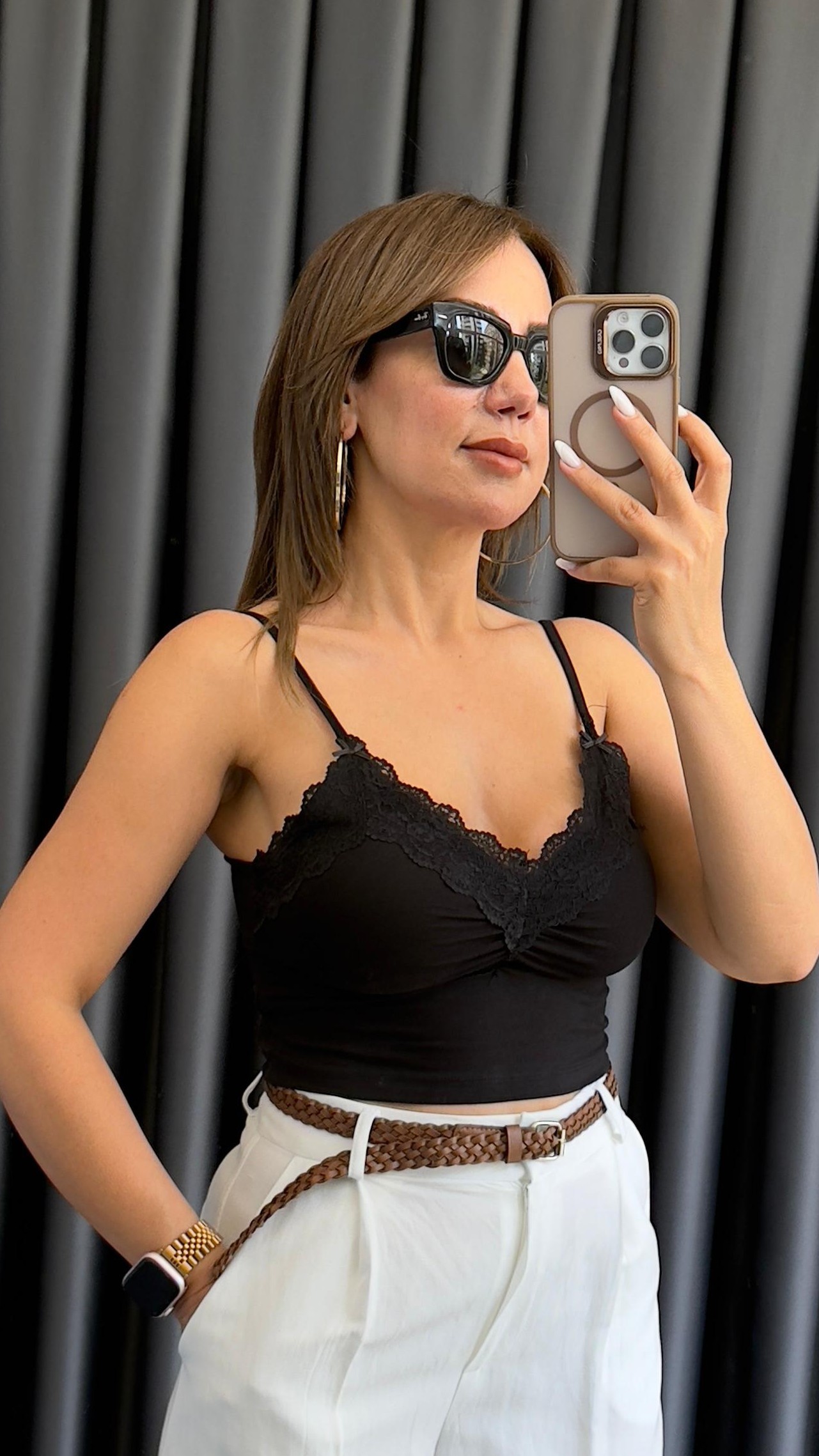 DANTEL DETAYLI İNCE ASKILI CROP TOP - Siyah