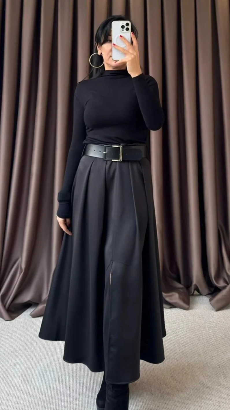 KEMERLİ ÖNDEN YIRTMAÇLI MAXİ ETEK - Siyah