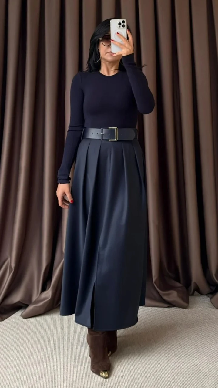 KEMERLİ ÖNDEN YIRTMAÇLI MAXİ ETEK - Lacivert