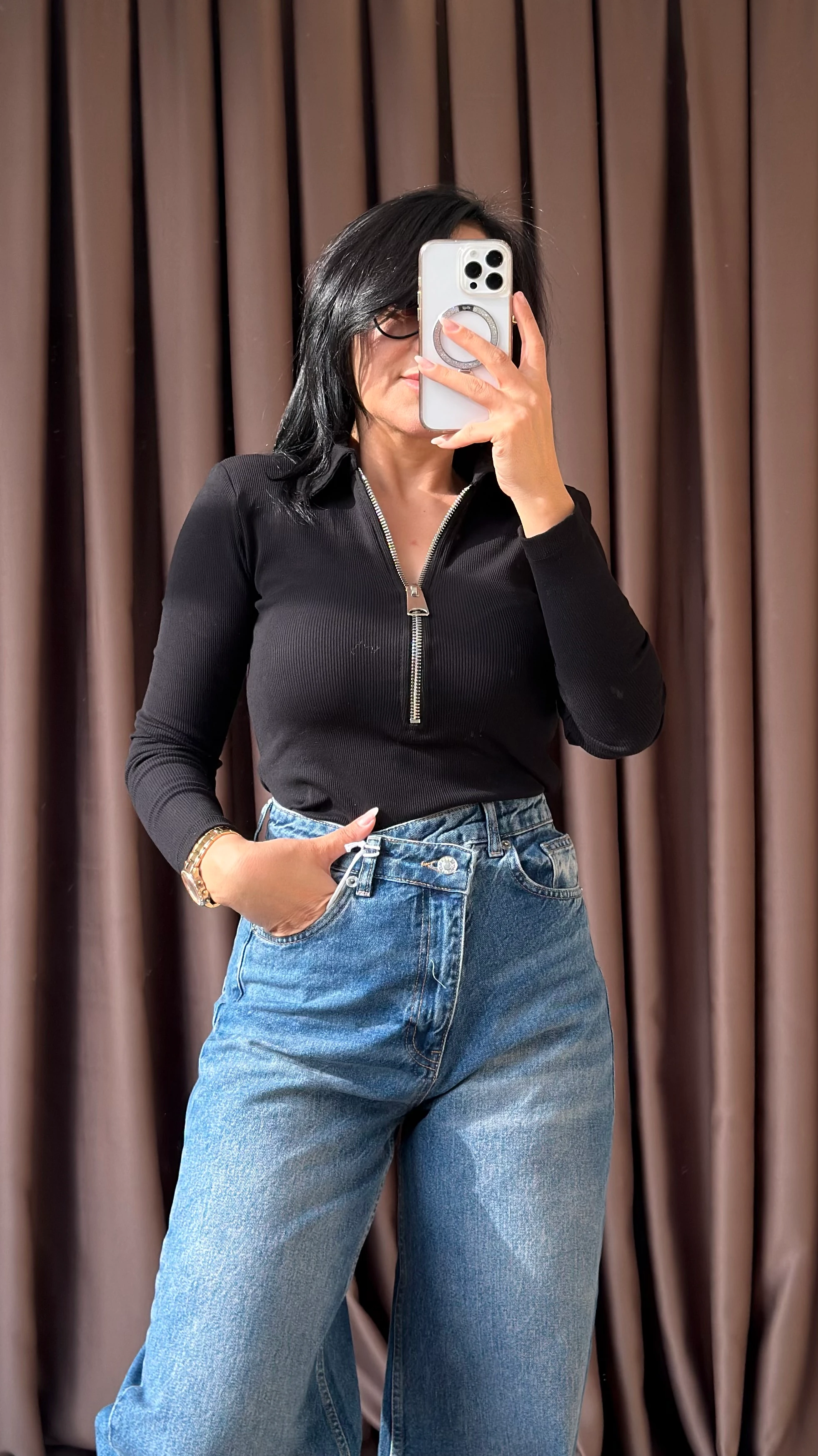 FERMUARLI İNCE VATKALI BASİC BLUZ - Siyah