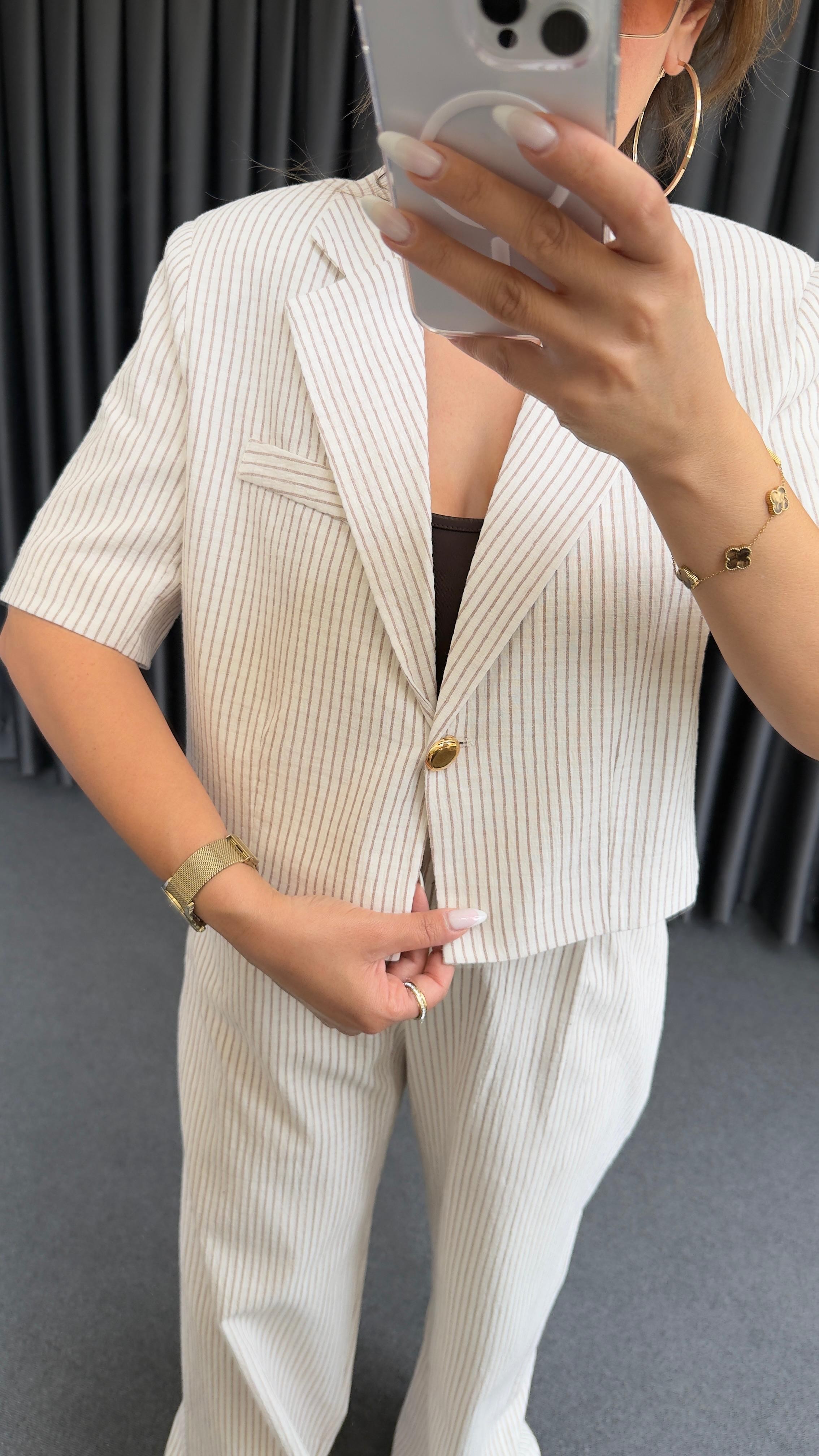 ÇİZGİLİ KISA KOL KETEN BLAZER TAKIM