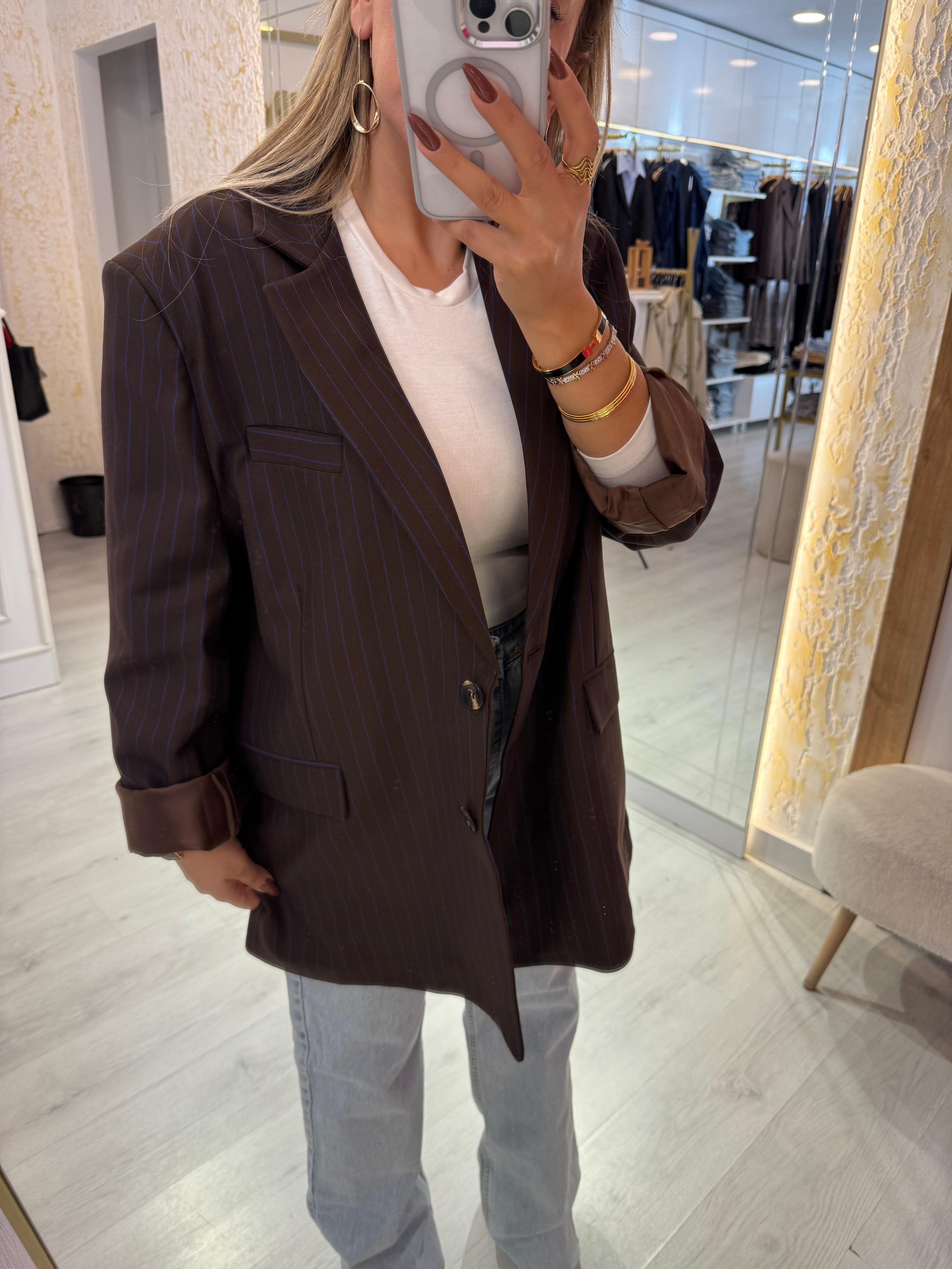 Oversize Acı Kahve Çizgili Blazer