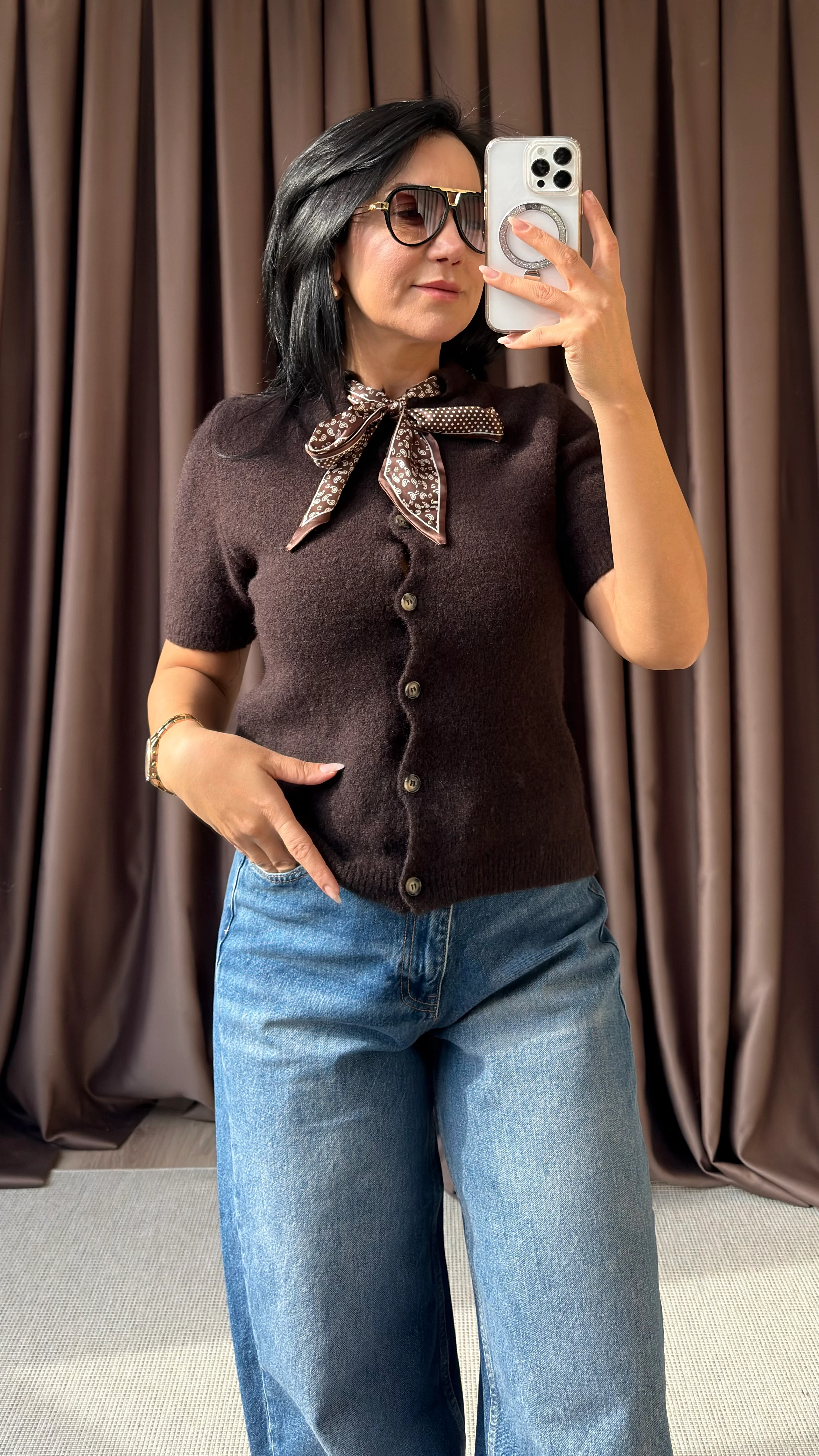 FULAR DETAYLI BUKLET TRİKO HIRKA - ACI KAHVE