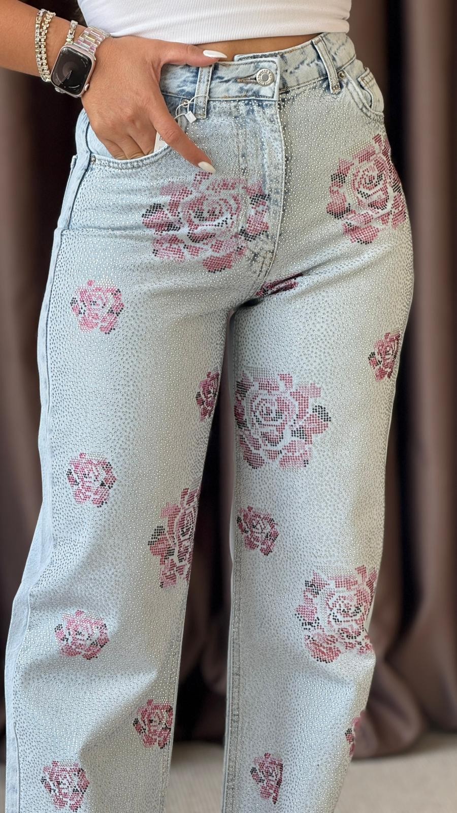 ÇİÇEK DESEN TAŞLI JEAN