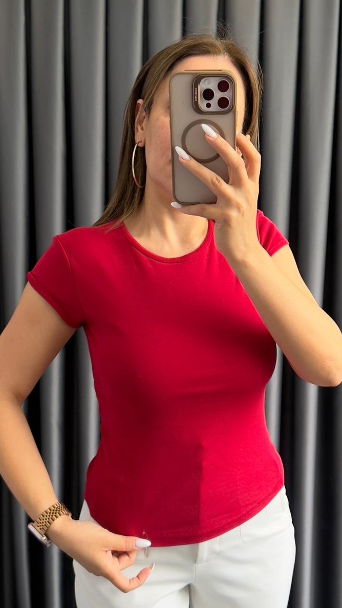 31779 BİSİKLET YAKA BASİC TSHİRT - Kırmızı
