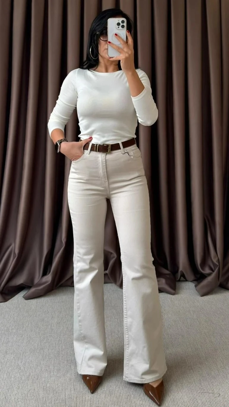 YÜKSEK BEL İSPANYOL PAÇA JEAN - KREM