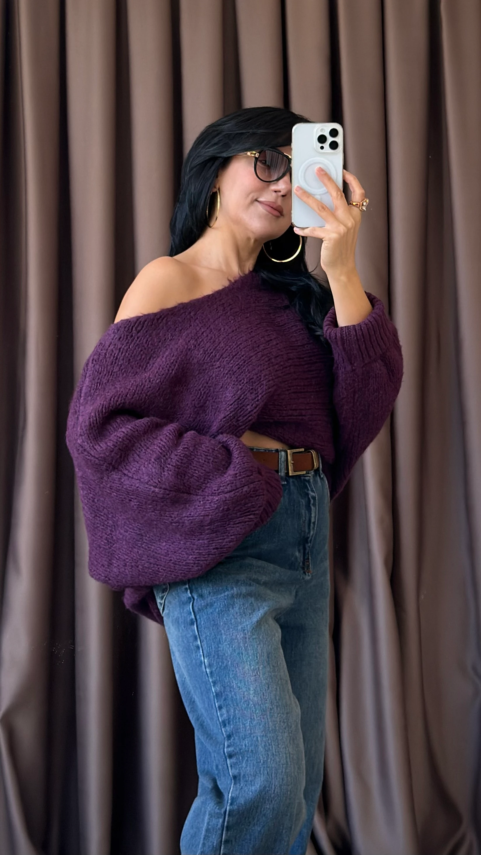 DÜŞÜK OMUZ KATLI KOL YUMOŞ TRİKO KAZAK - Mor