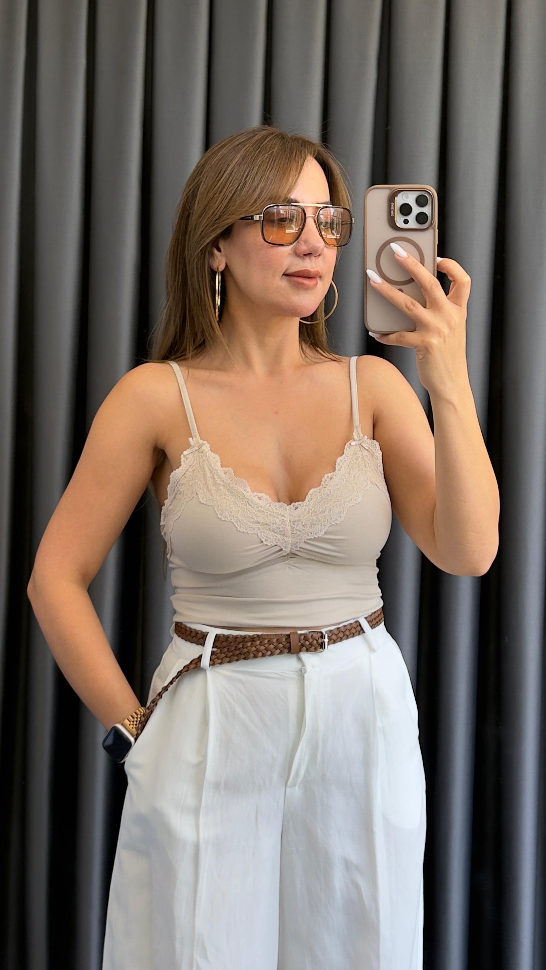 DANTEL DETAYLI İNCE ASKILI CROP TOP - Bej