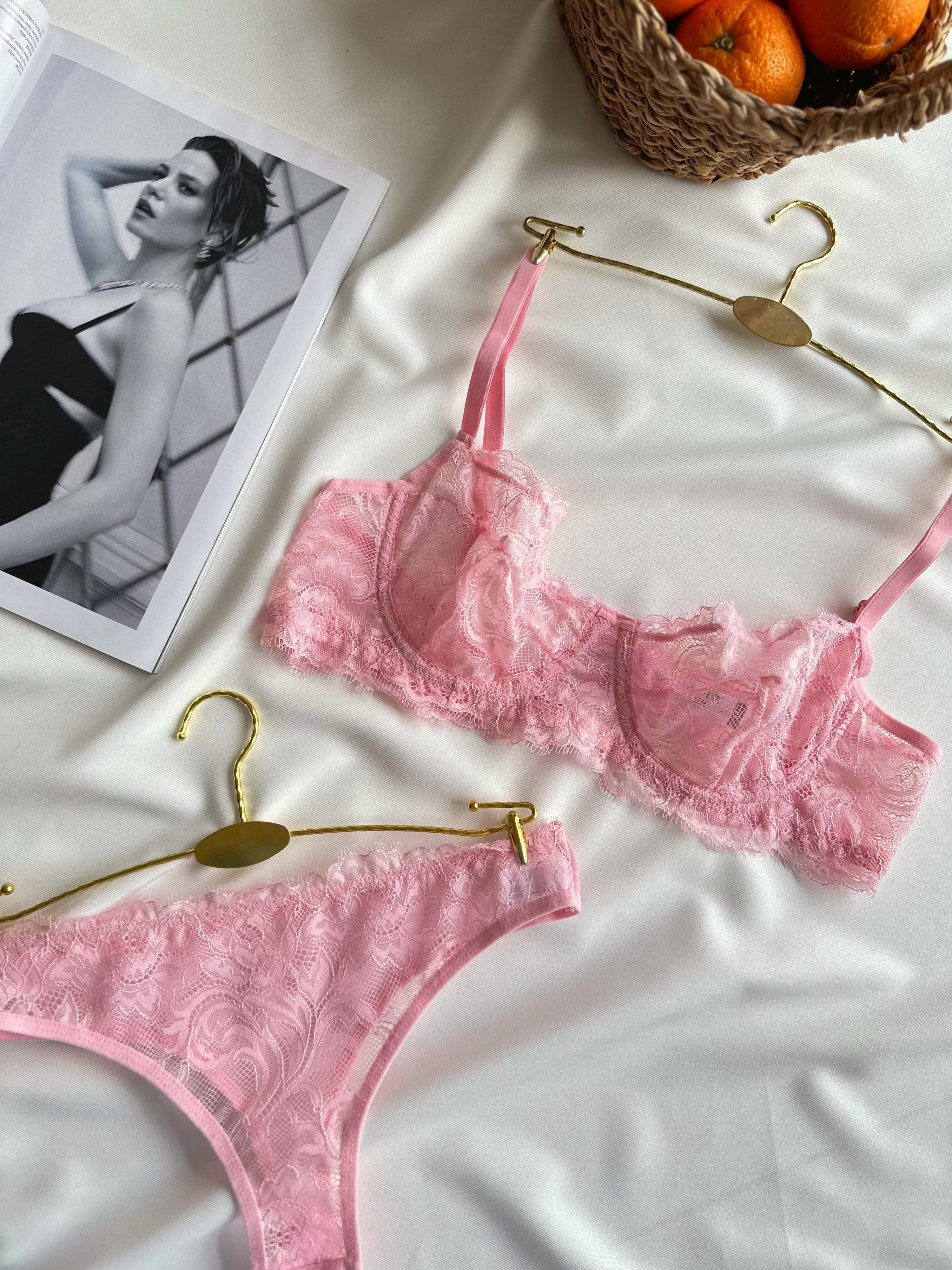 Dantel Süslemeli Bra Takım - Pembe
