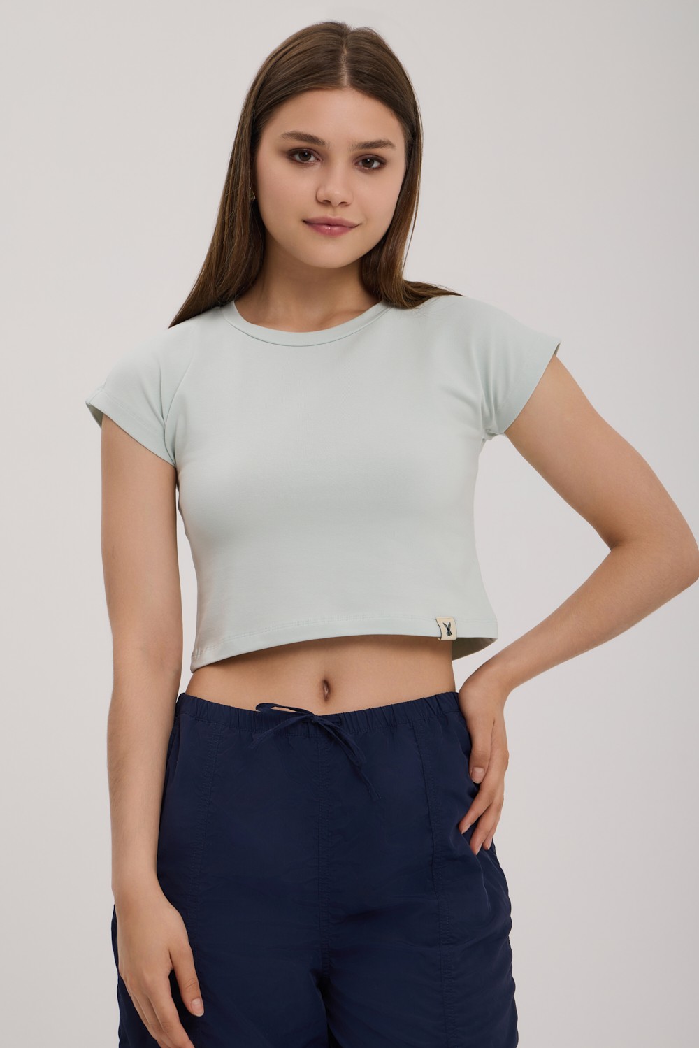 Dawn Fitted Bisiklet Yaka Crop T-Shirt  - Mint Yeşili