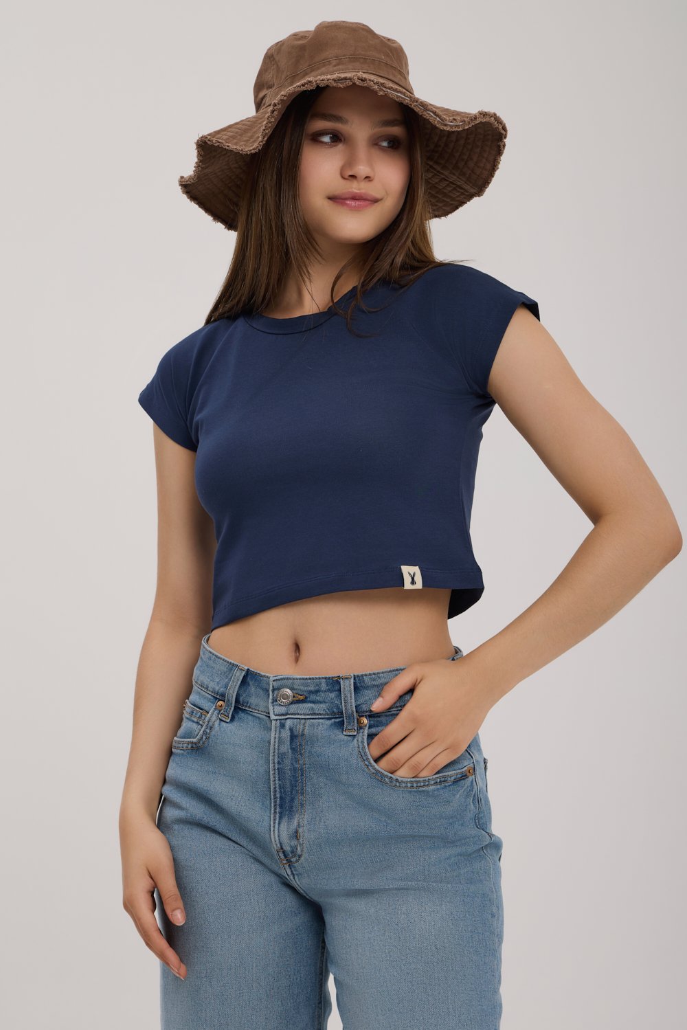 Dawn Fitted Bisiklet Yaka Crop T-Shirt  - Lacivert