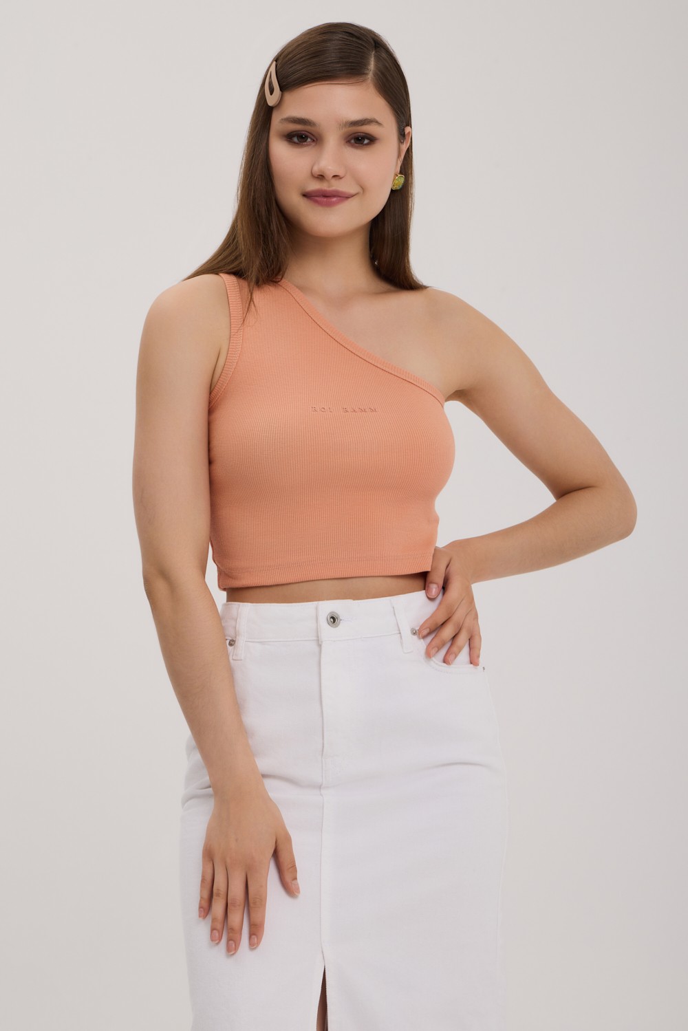 Azure Tek Omuz Crop Top - Kavun İçi