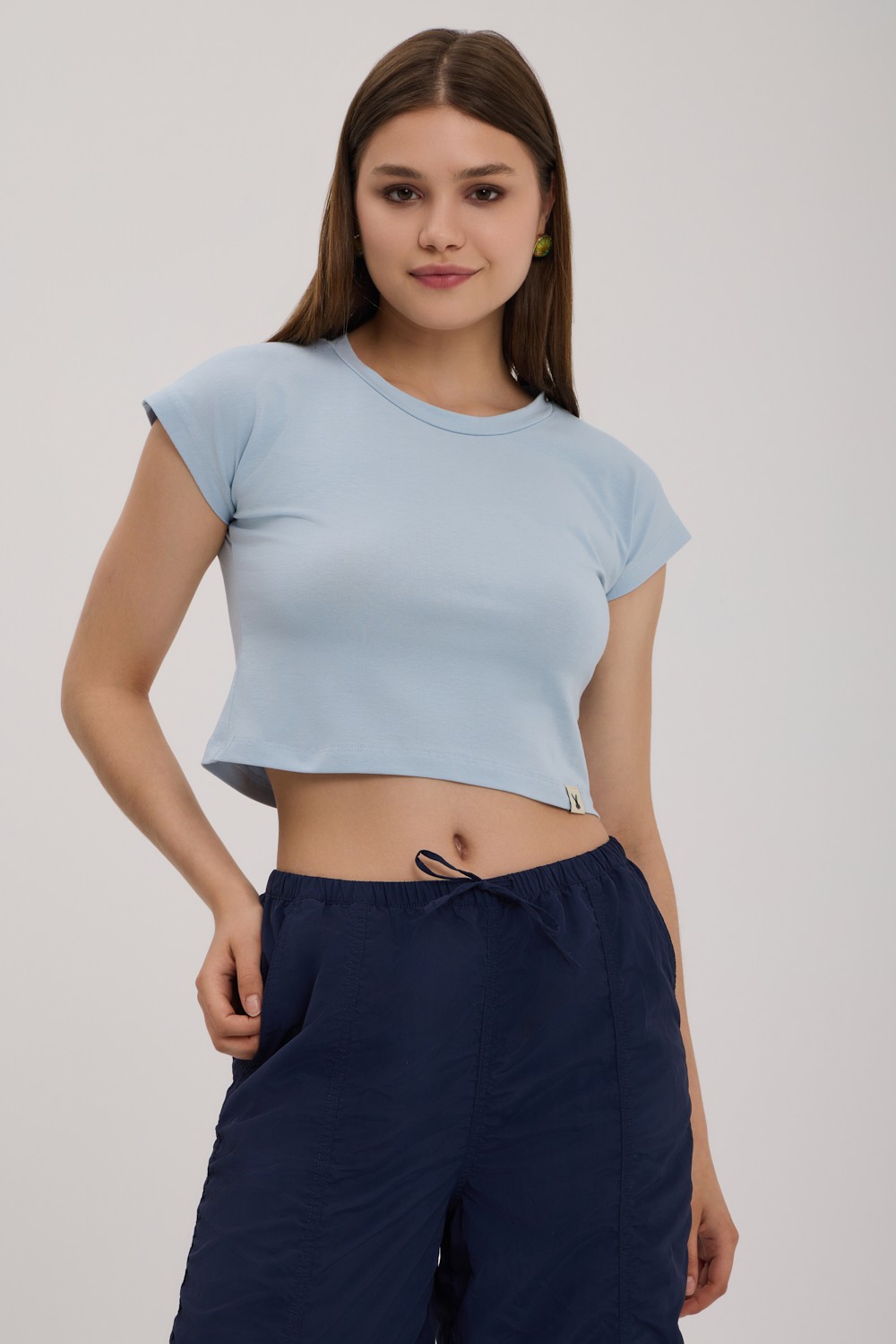 Dawn Fitted Bisiklet Yaka Crop T-Shirt  - Bebek Mavisi