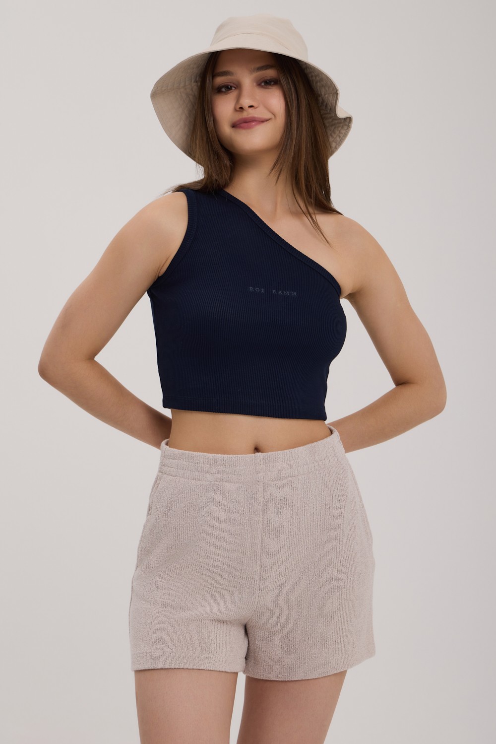 Azure Tek Omuz Crop Top - Lacivert