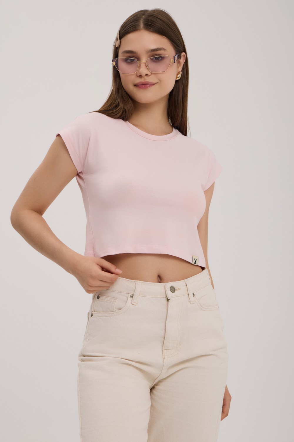 Dawn Fitted Bisiklet Yaka Crop T-Shirt  - Açık Pembe