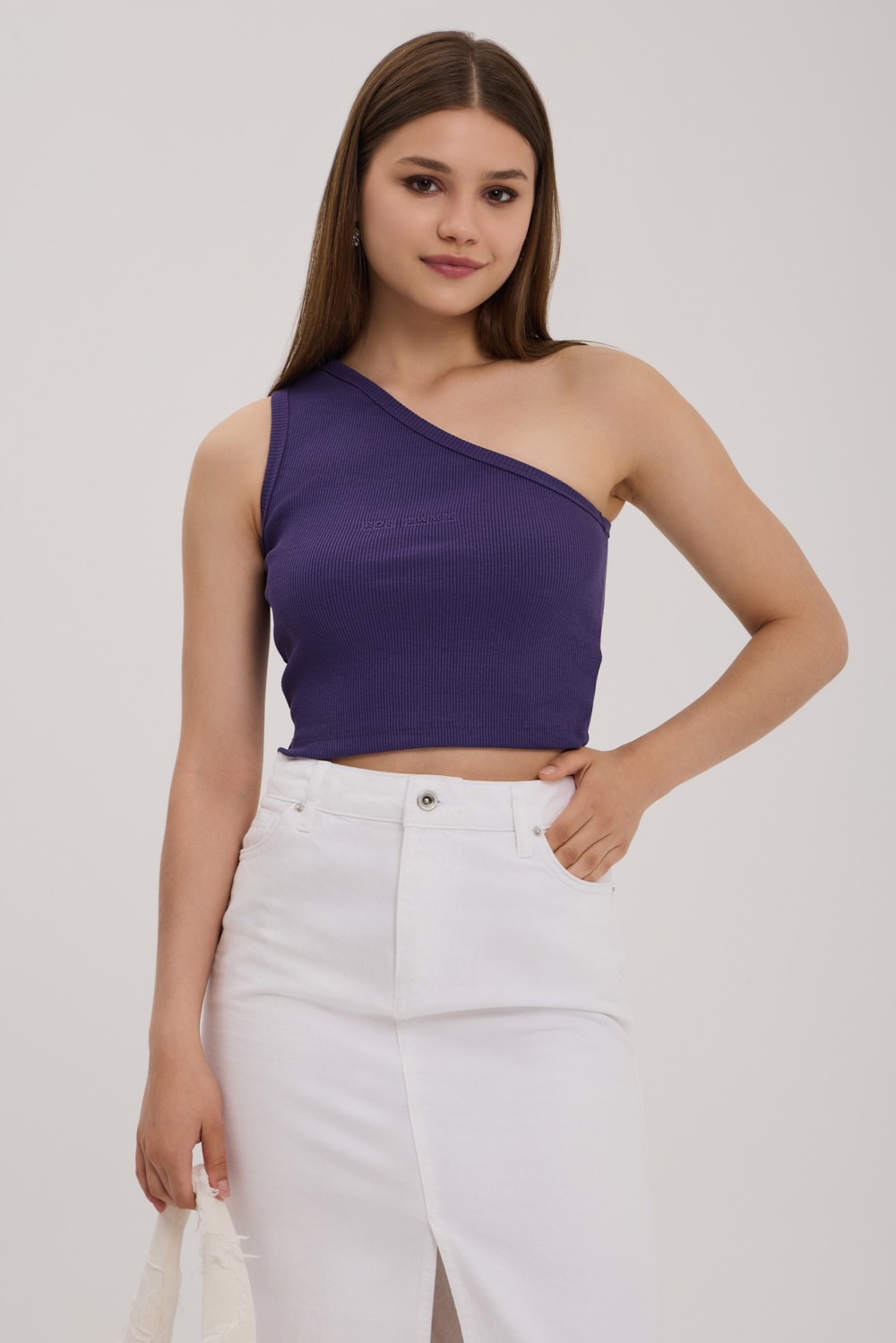 Azure Tek Omuz Crop Top - Mor