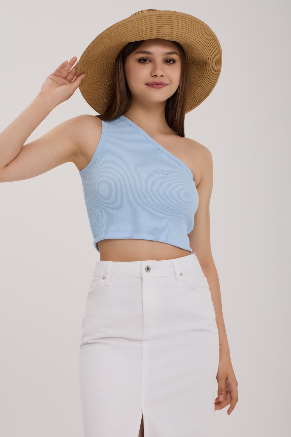 Azure Tek Omuz Crop Top - Bebek Mavisi