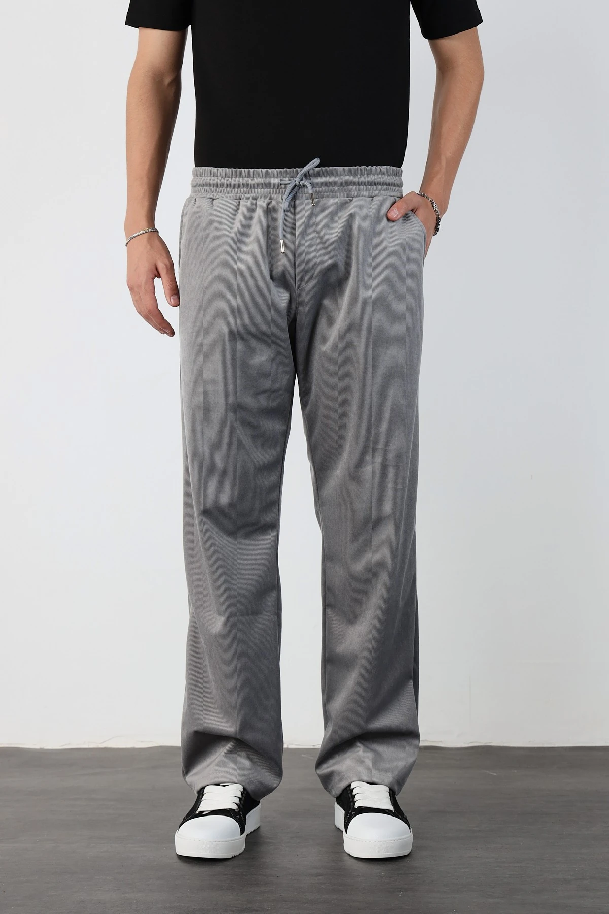 İnce Fitilli Kadife Baggy Pantolon - Gri