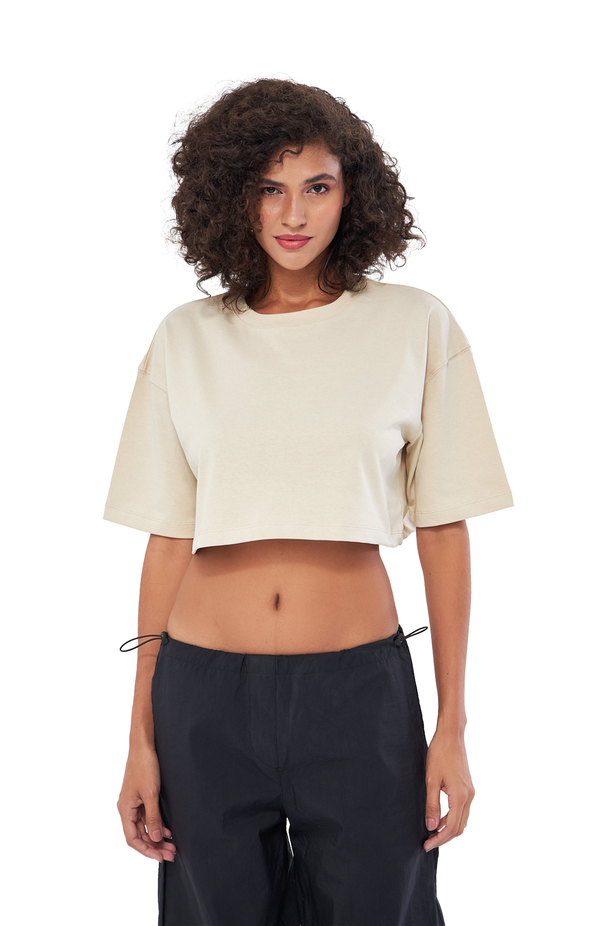 MESFENO KADIN BASIC OVERSIZE  FIT CROP TSHIRT - Bej