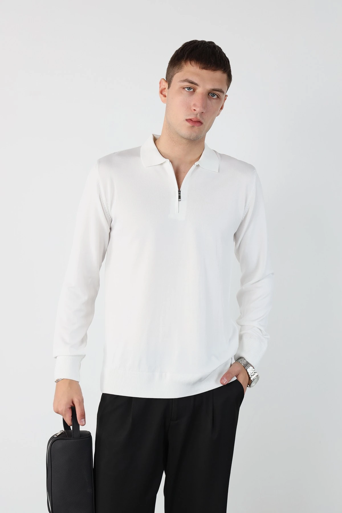 Erkek Polo Yaka Fermuarlı Merserize Triko
