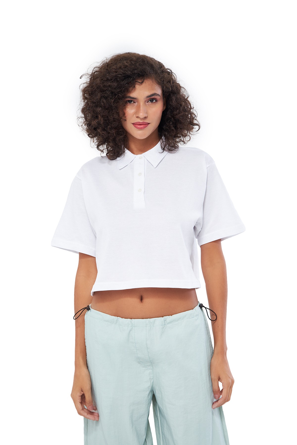 MESFENO KADIN BASIC OVERSIZE FIT CROP POLO TSHIRT - Beyaz