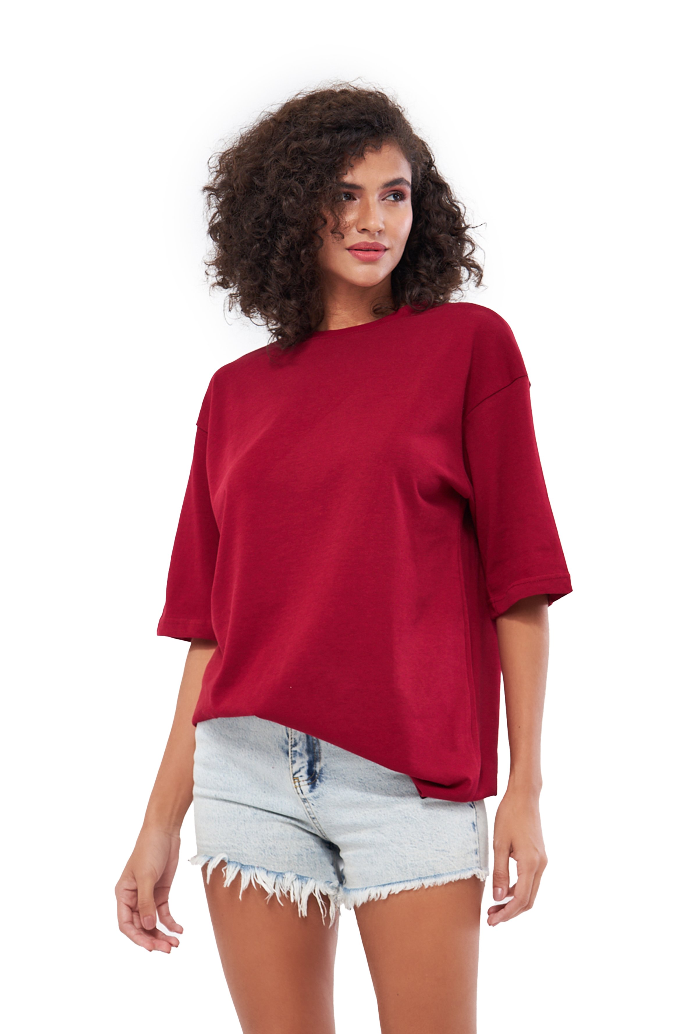 MESFENO KADIN BASIC OVERSIZE  FIT TSHIRT - Bordo