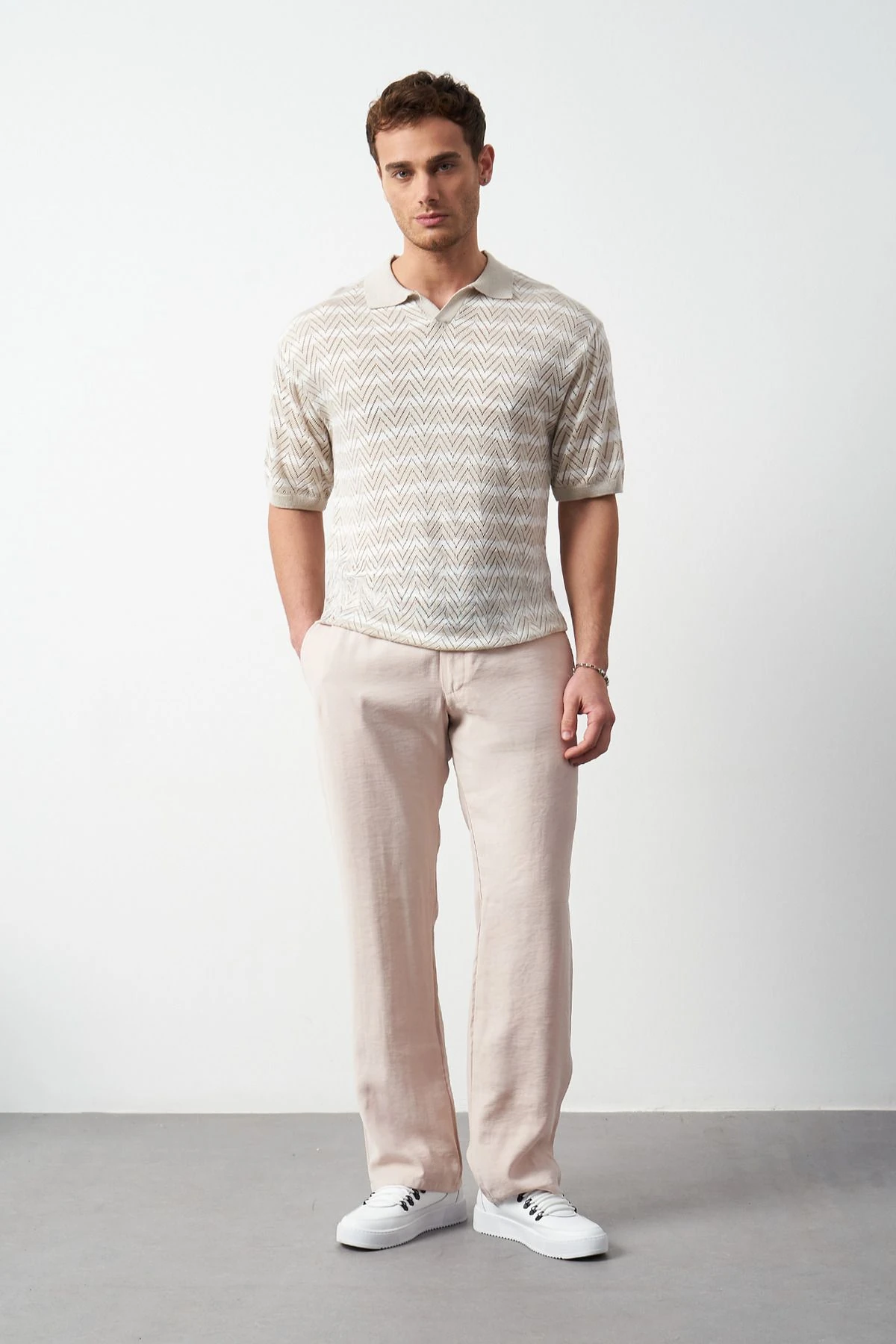 Çizgili Regular Fit İnce Triko Erkek T-Shirt - Bej