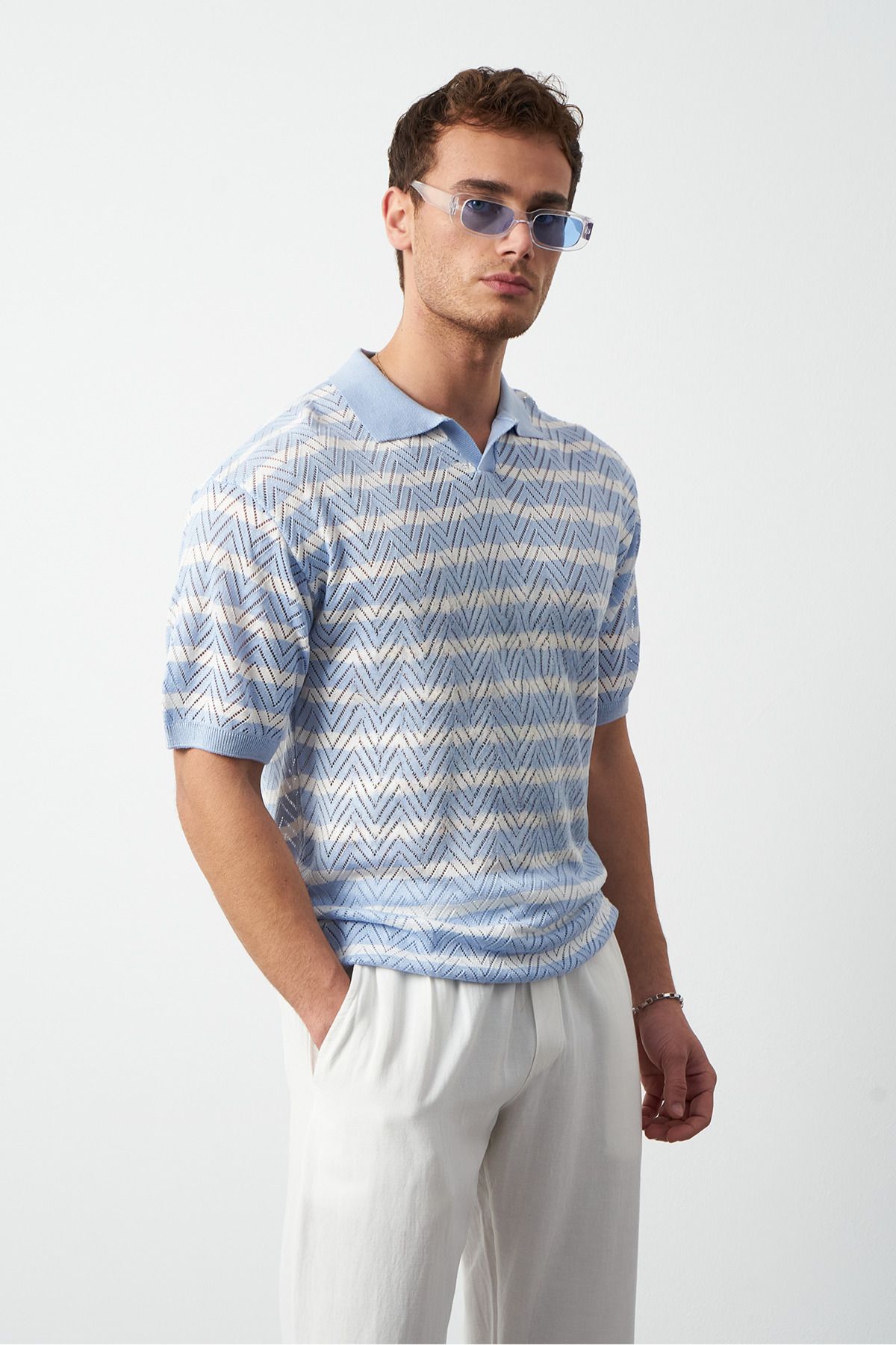 Çizgili Regular Fit İnce Triko Erkek T-Shirt - Mavi