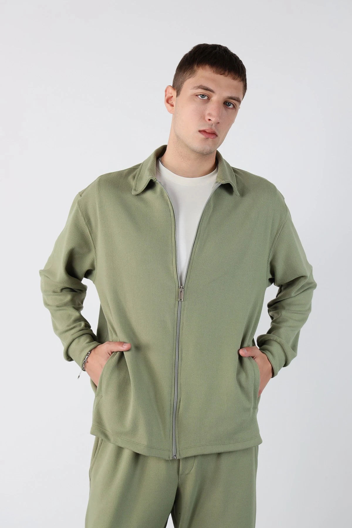 Oversize Fermuarlı Ottoman Sweatshirt - Yeşil