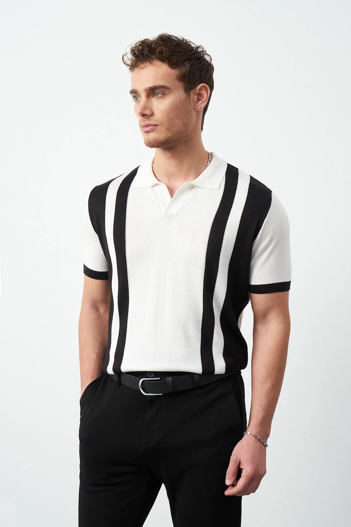 Çizgili Polo Yaka Triko Erkek T-Shirt - Siyah