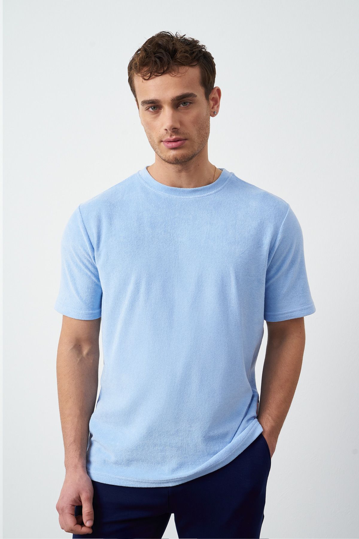 Havlu Kumaş Regular Fit Sıfır Yaka T-Shirt - Mavi