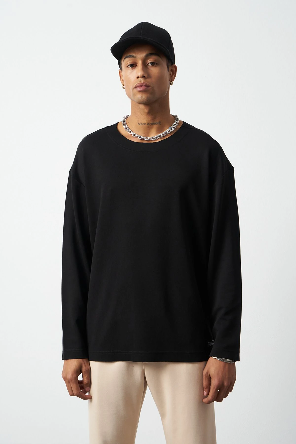 Oversize Uzun Kol Esnek Modal Erkek T-Shirt - Siyah