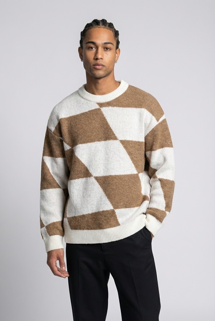 Zigzag Bloklu Oversize Kazak - Krem