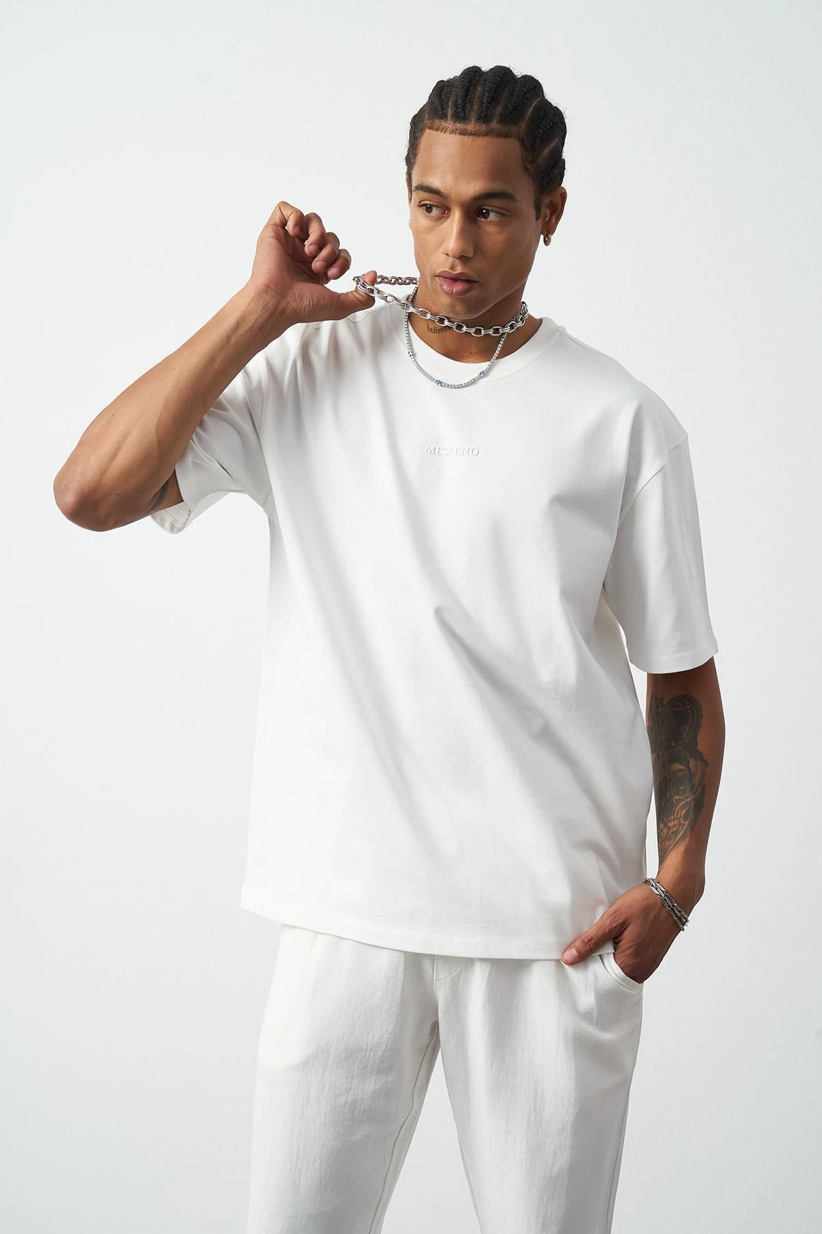 Ön Baskılı Boxy Fit Bisiklet Yaka T-Shirt - Beyaz