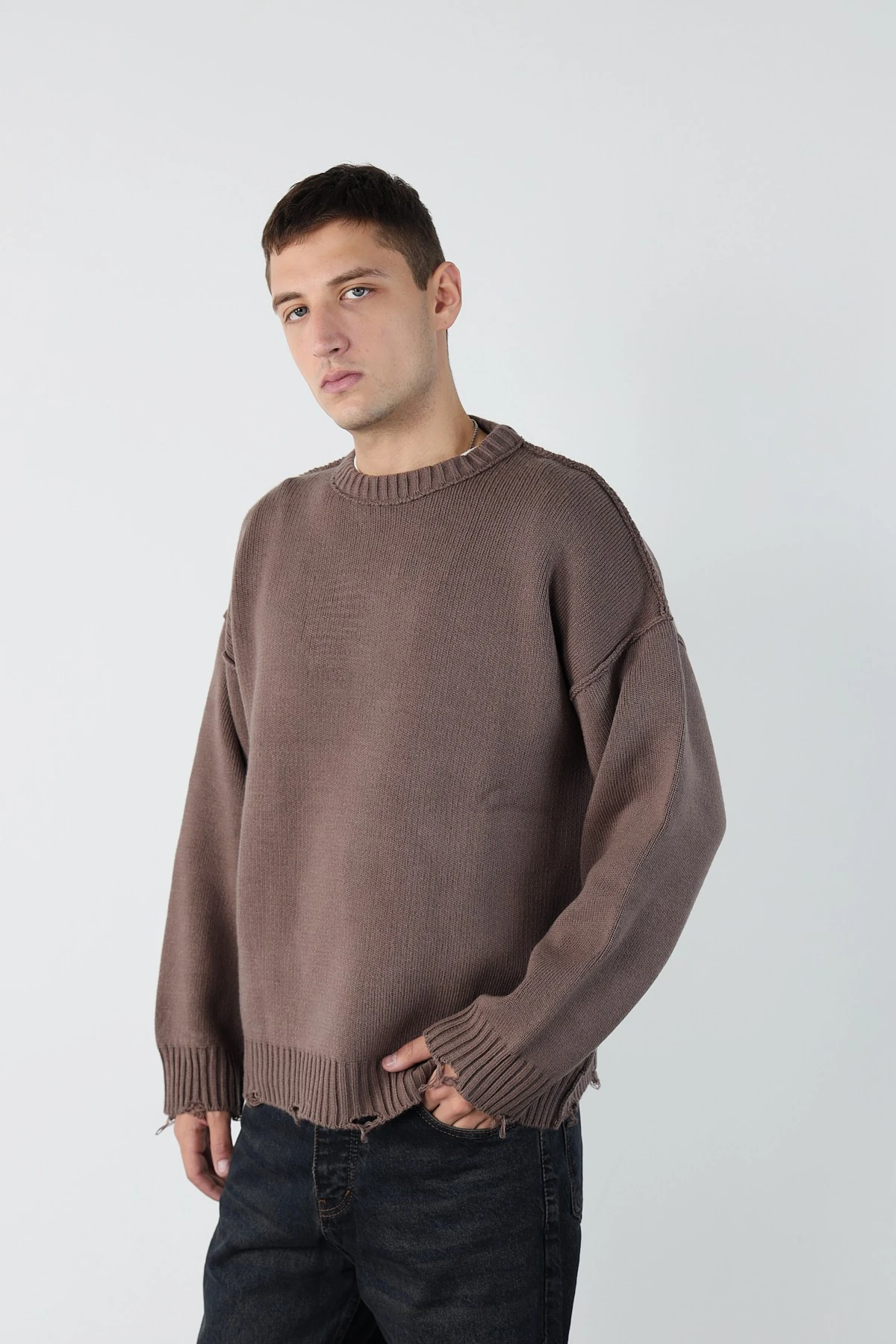 Eskitme Detaylı Oversize Triko Kazak