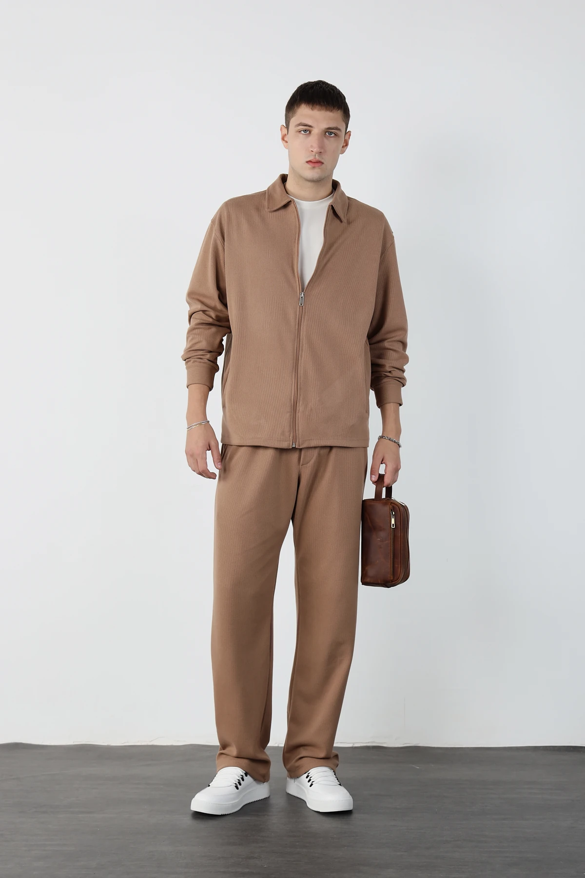 Ottoman Yumuşak Dokulu Fermuarlı Alt Üst Takım - Kahverengi