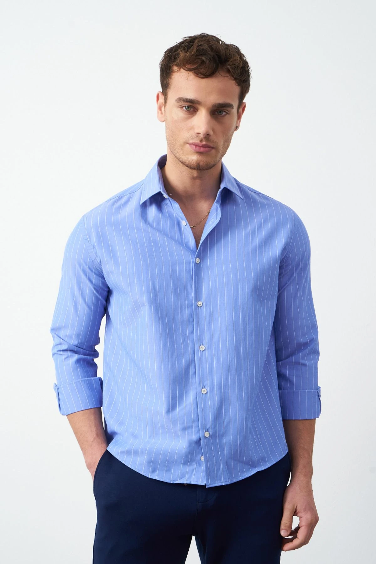 Boxy Fit Çizgili Erkek Gömlek - Mavi