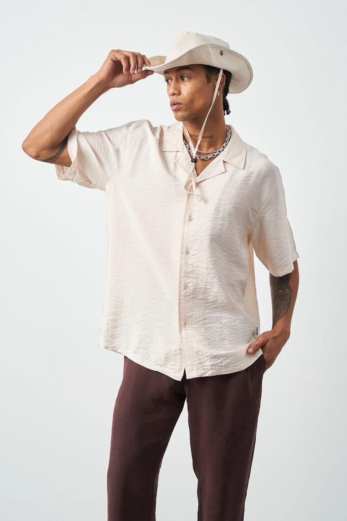 Erkek Oversize Gömlek, Yumuşak Tuşe Kumaş, Küba Yaka, Kısa Kollu Gömlek - Ekru