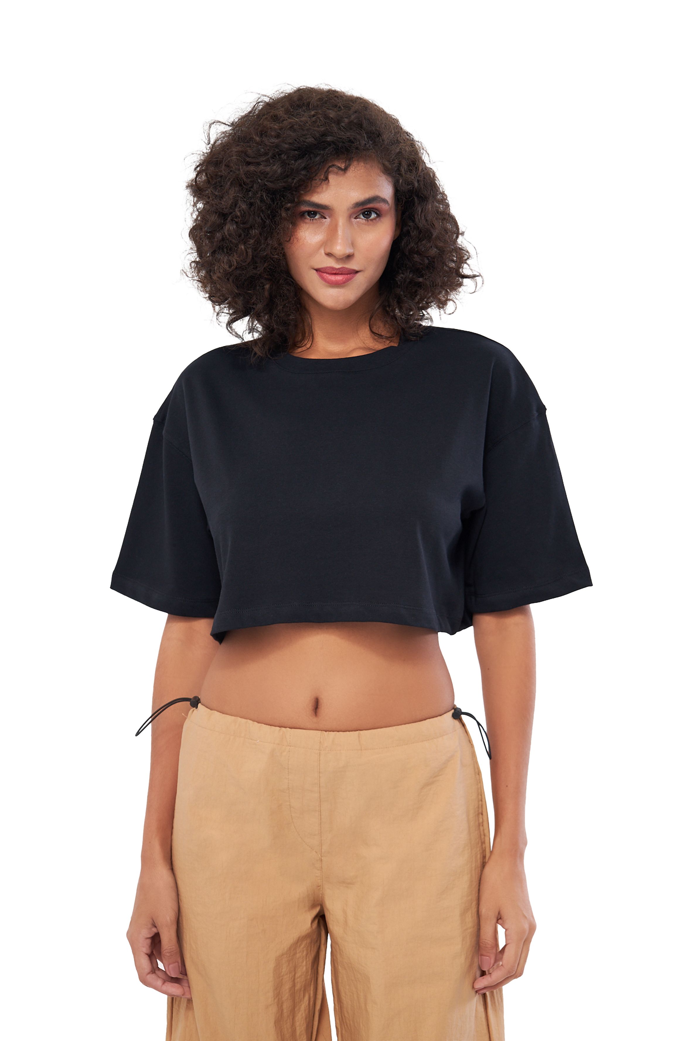 MESFENO KADIN BASIC OVERSIZE  FIT CROP TSHIRT - Siyah