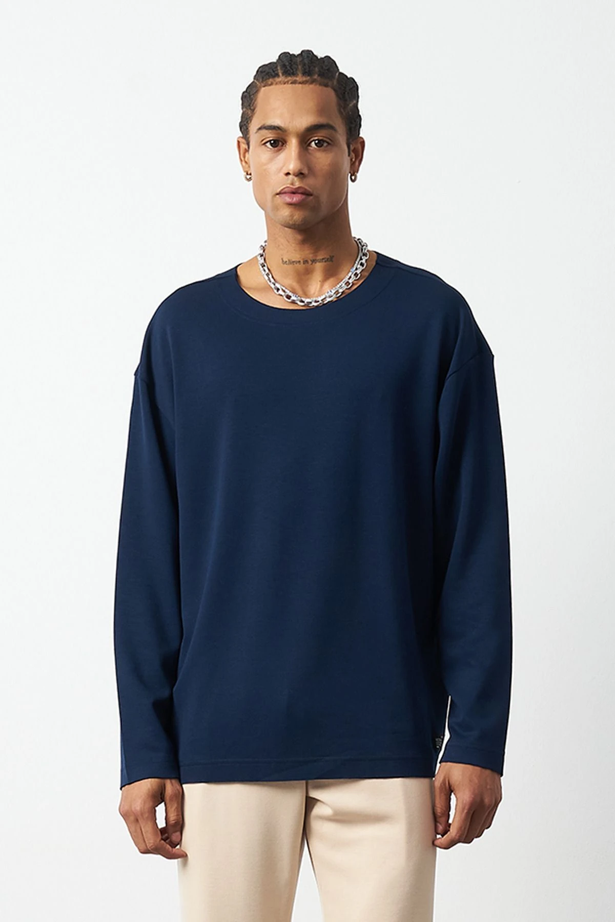 Oversize Uzun Kol Esnek Modal Erkek T-Shirt - Lacivert