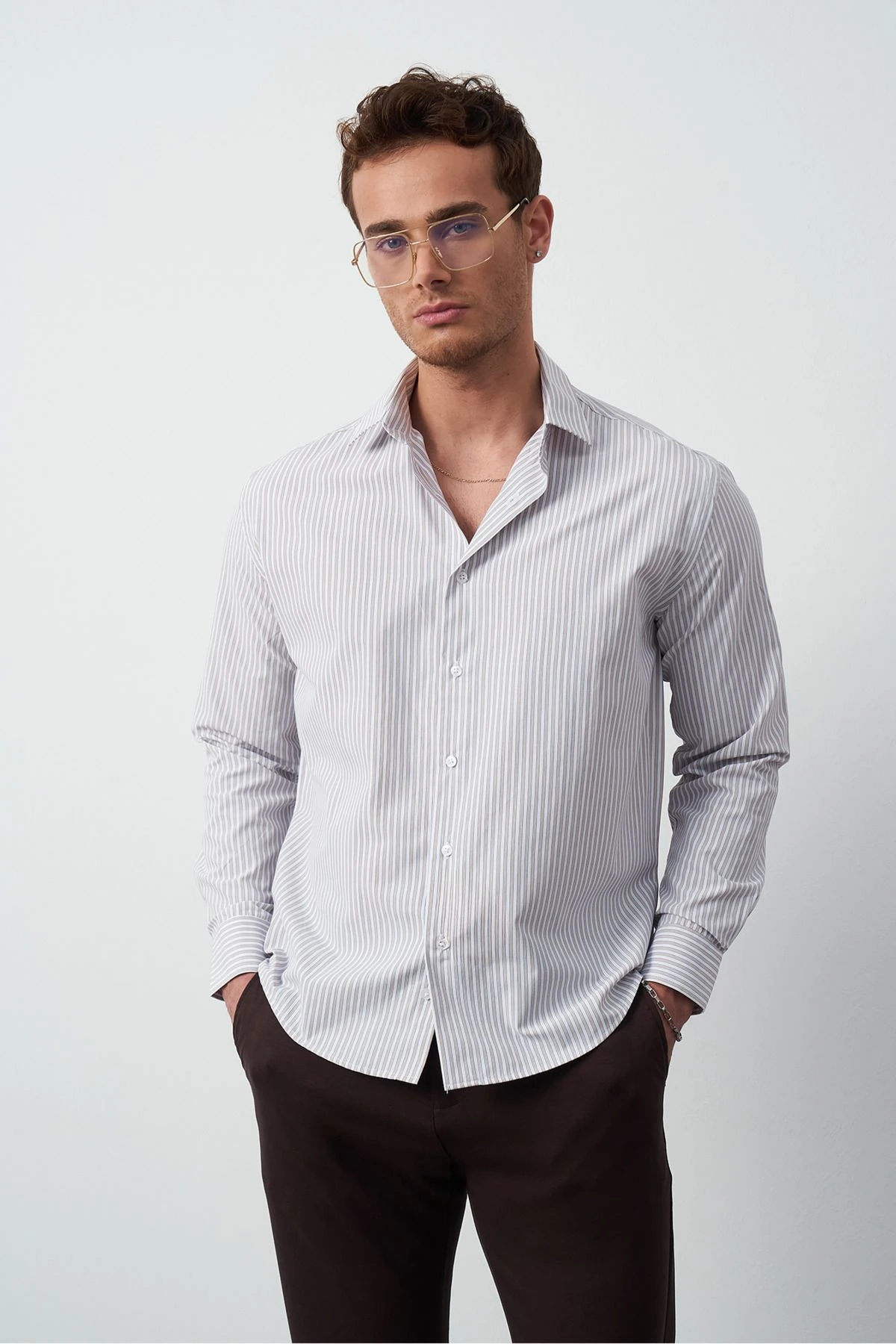 Boxy Fit Çizgili Erkek Gömlek - Bej