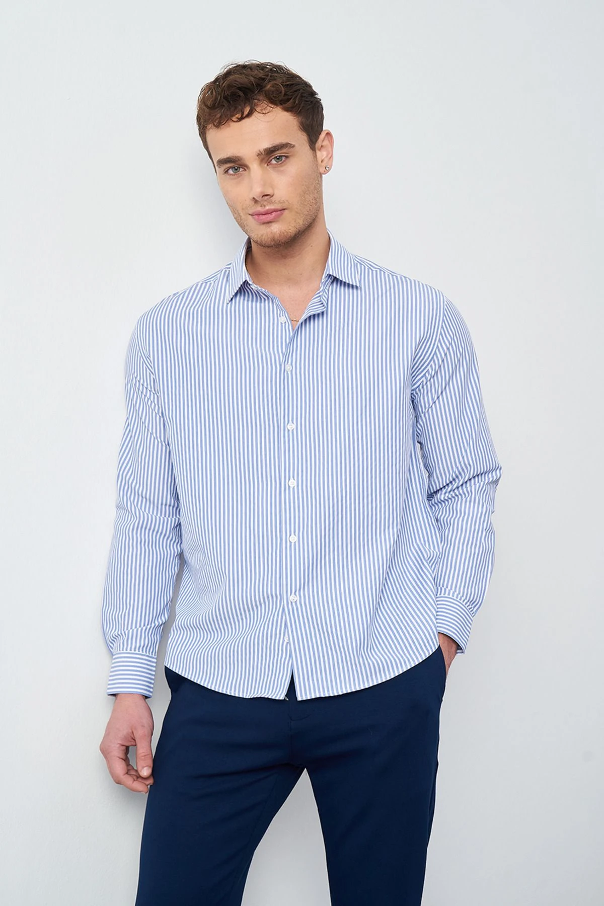 Boxy Fit Çizgili Erkek Gömlek - İnce Mavi