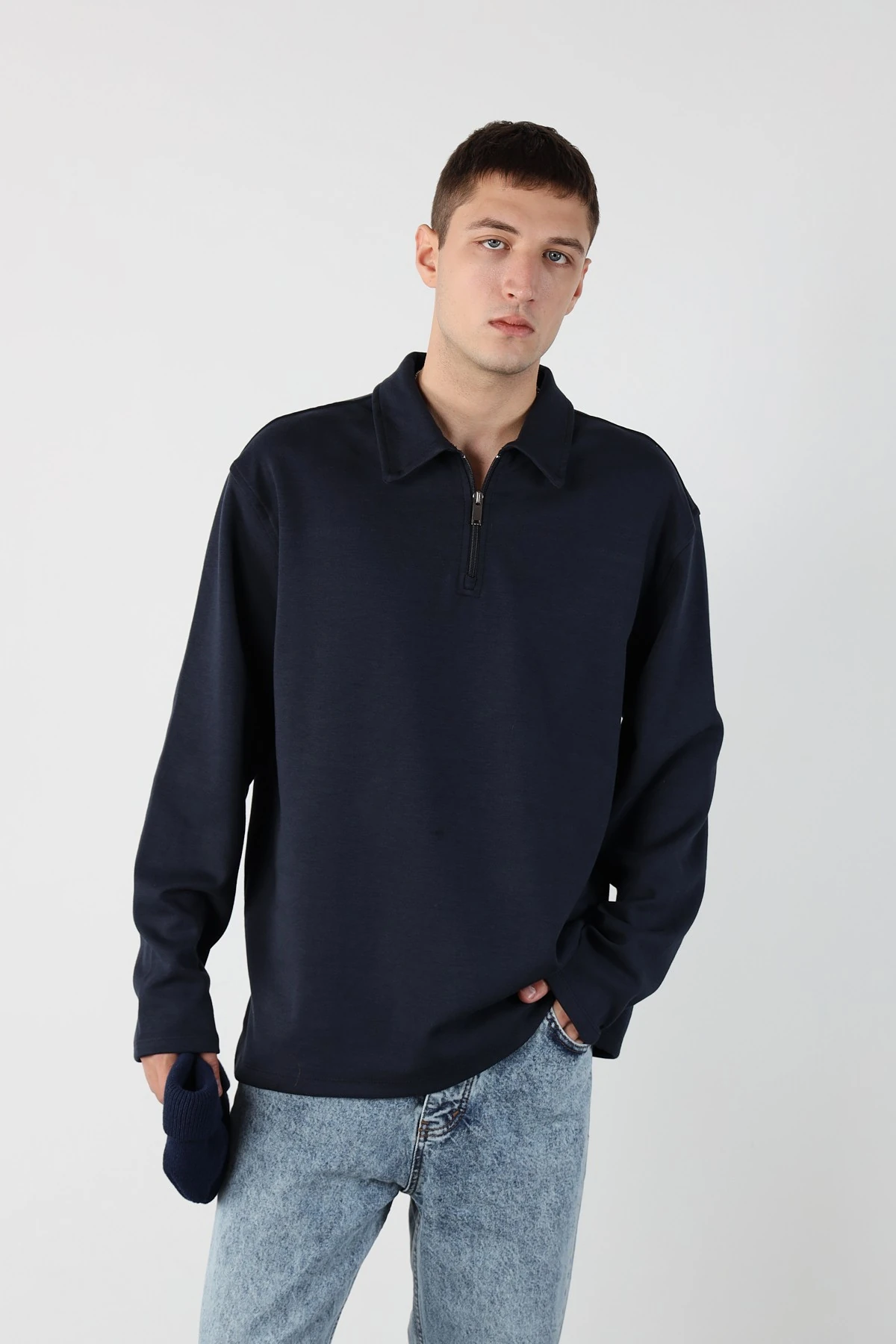 Yarım Fermuarlı Oversize Erkek Sweatshirt - Lacivert