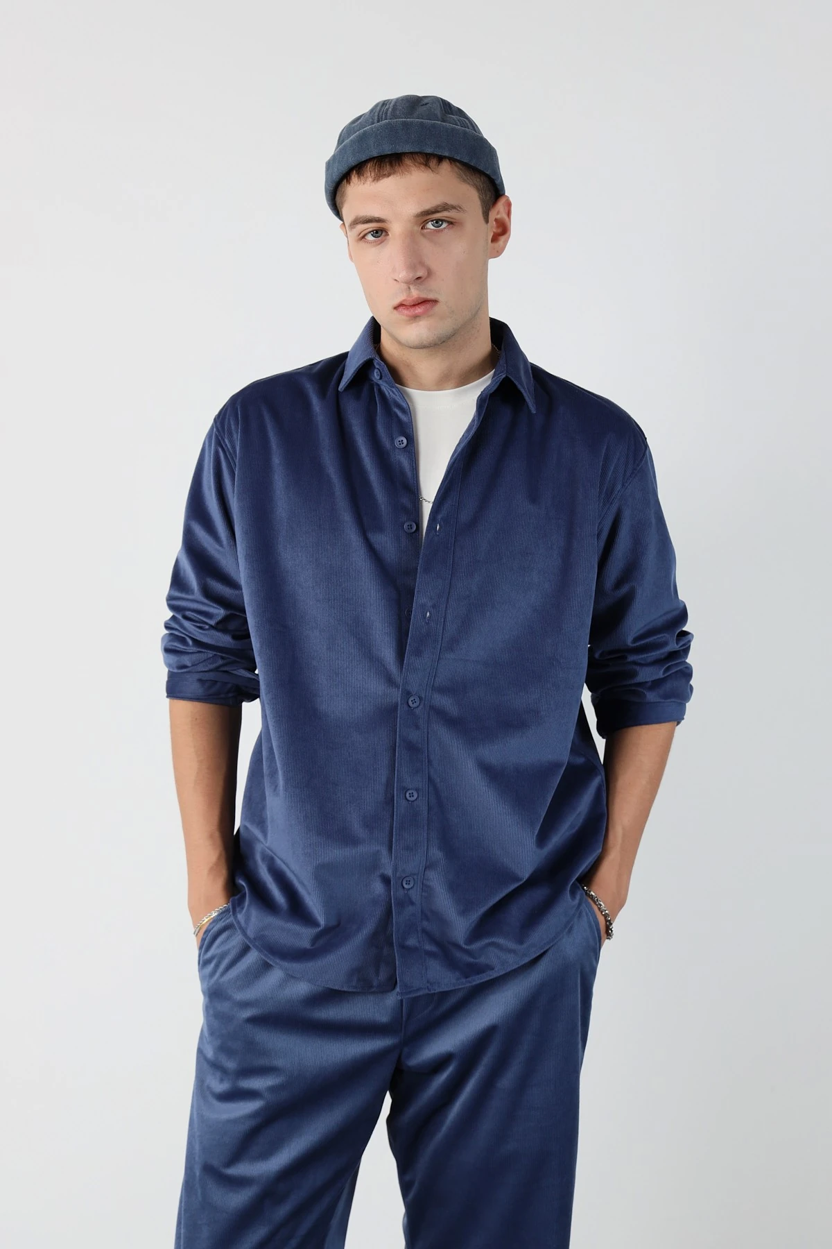 İnce Fitilli Oversize Kadife Gömlek - Indigo