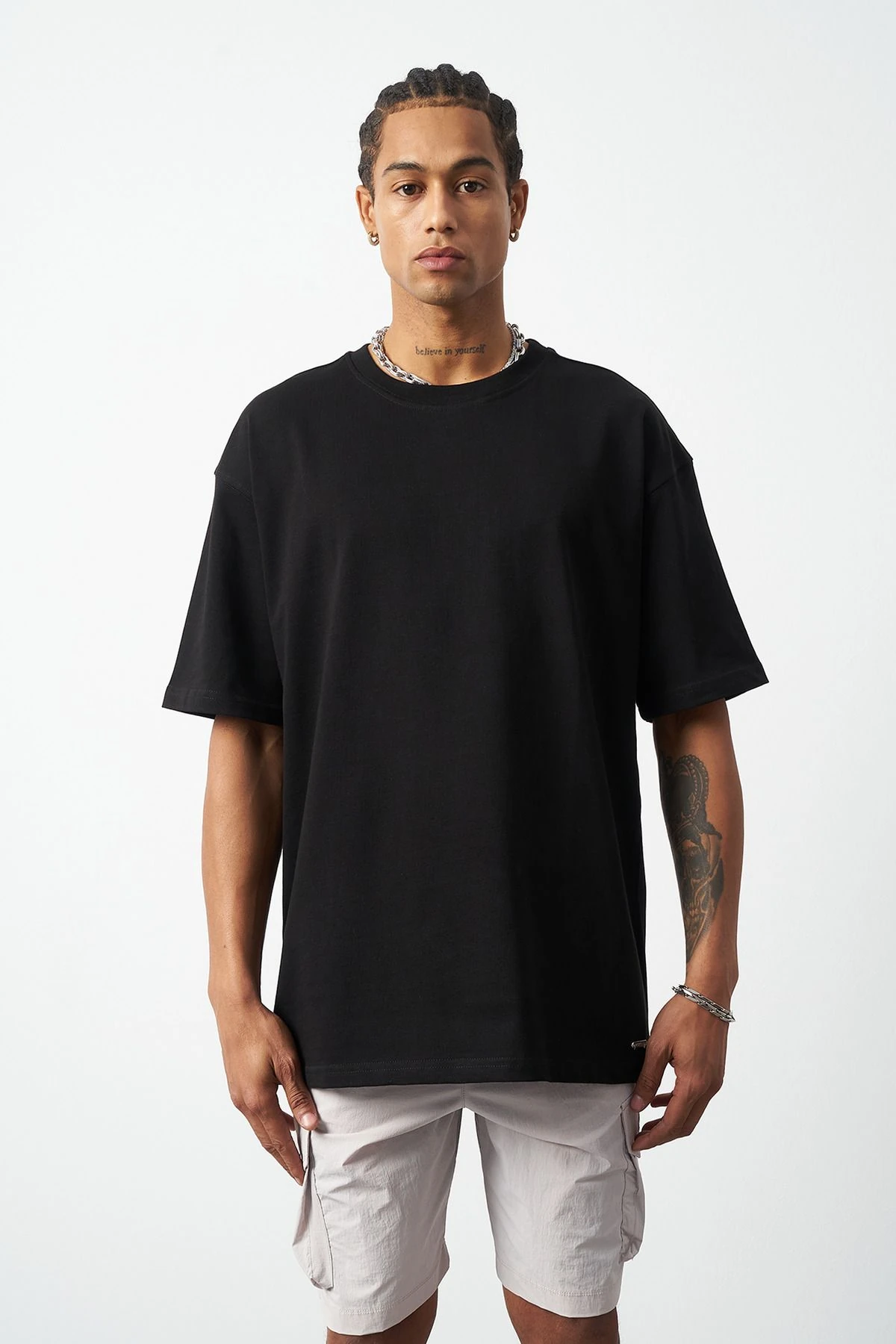 Oversize Dikiş Detaylı Premium Basic T-Shirt - Siyah