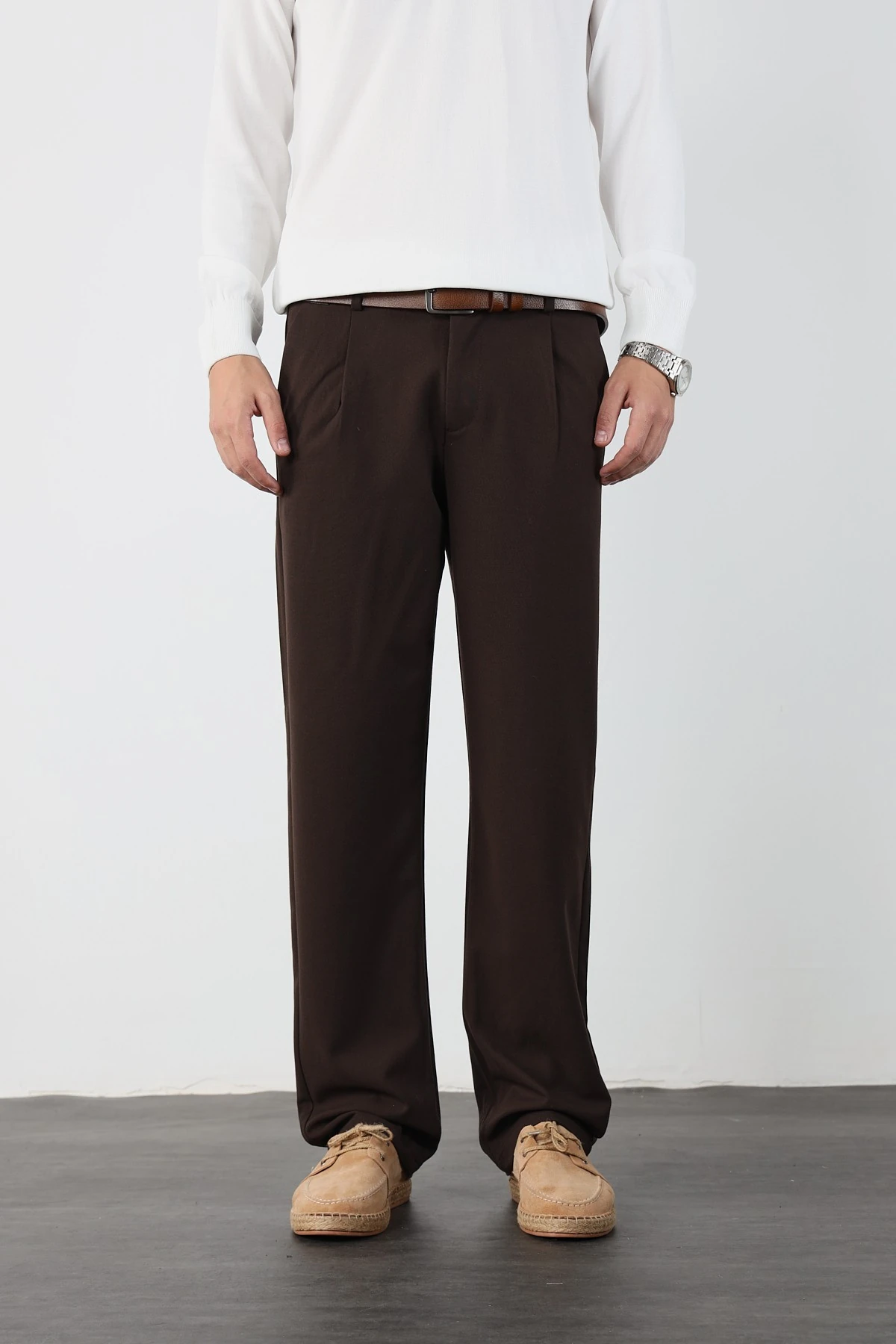 Tek Pile Bel Lastikli Baggy Erkek Kumaş Pantolon - Kahverengi