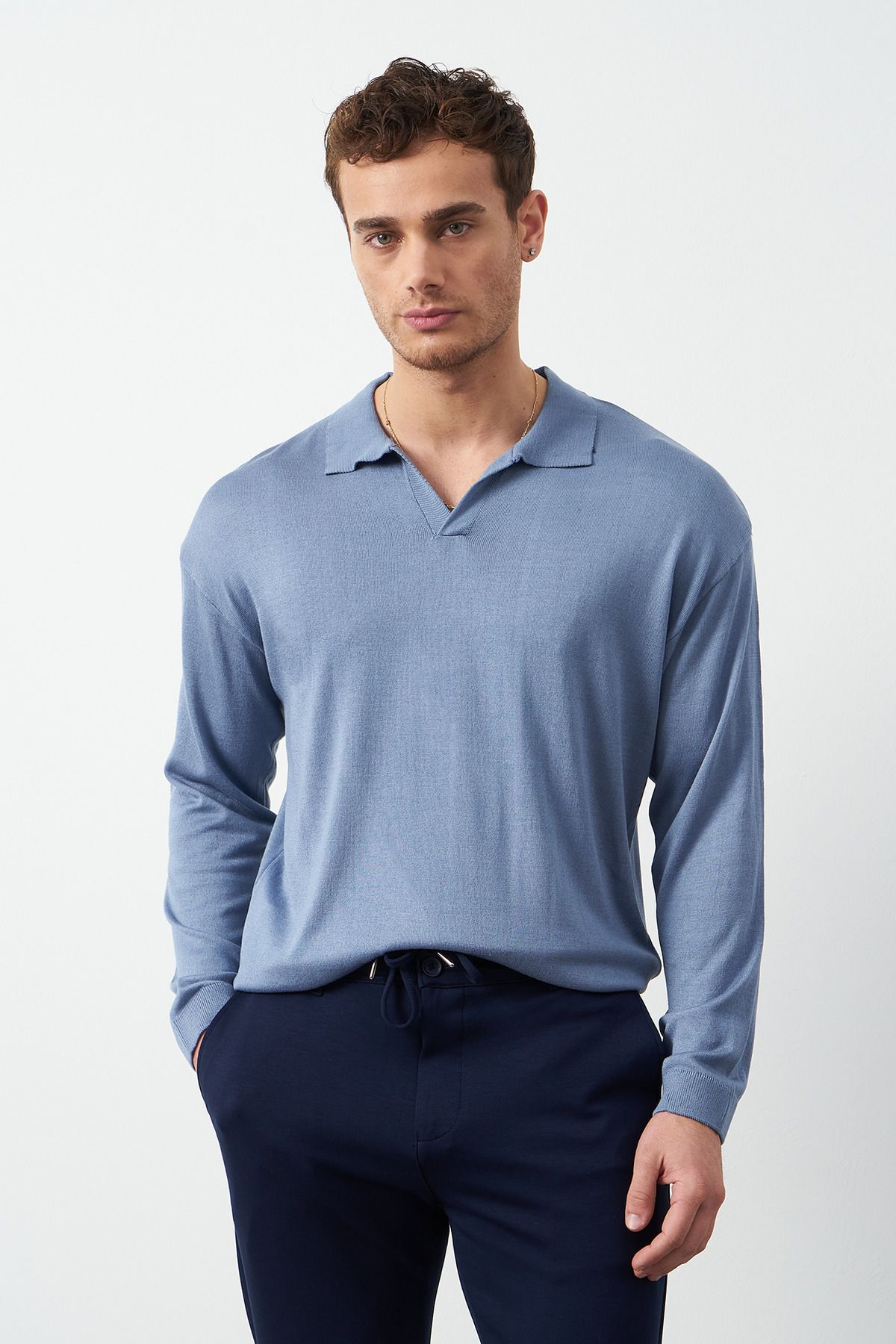 Uzun Kollu Oversize İnce Triko Erkek Kazak - Prada Mavisi