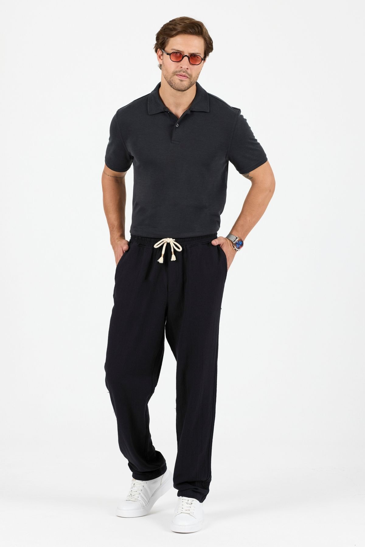 Yıkamalı Pamuk Keten Regular Erkek Pantolon - Antrasit