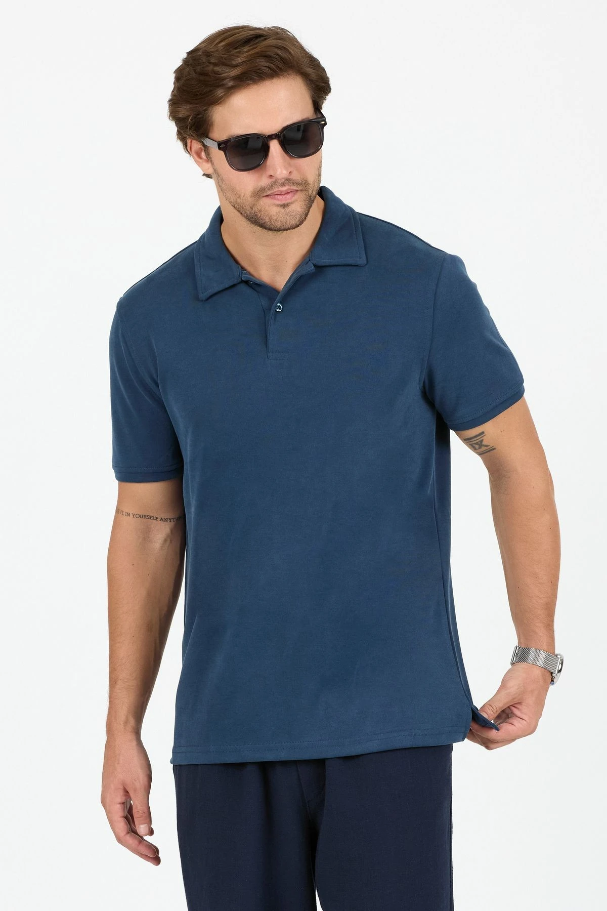 Modal Kumaş Polo Yaka Regular T-Shirt - Indigo