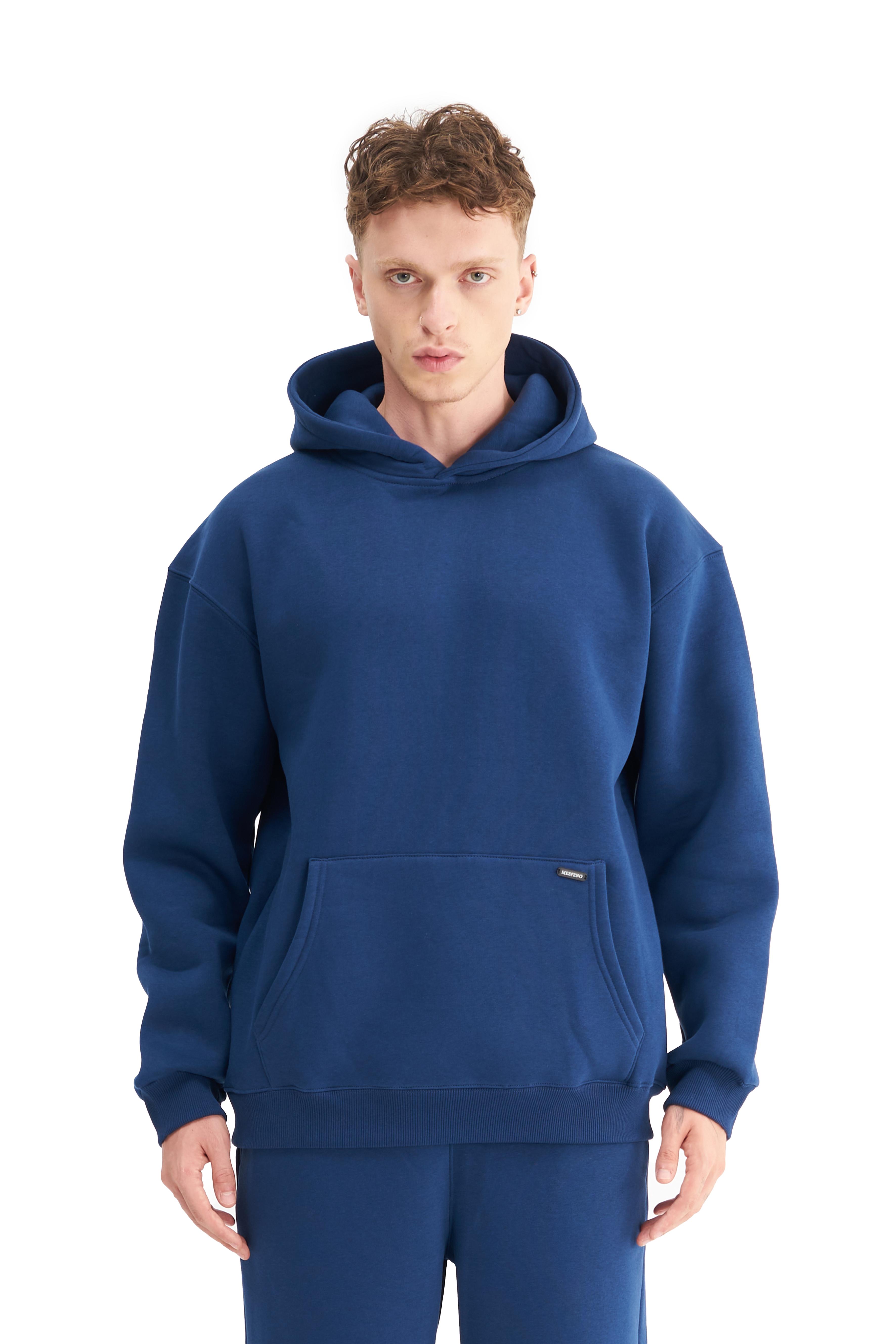 Mesfeno Erkek Oversize Şardonlu 3 İplik Kapüşonlu Sweatshirt - Indigo